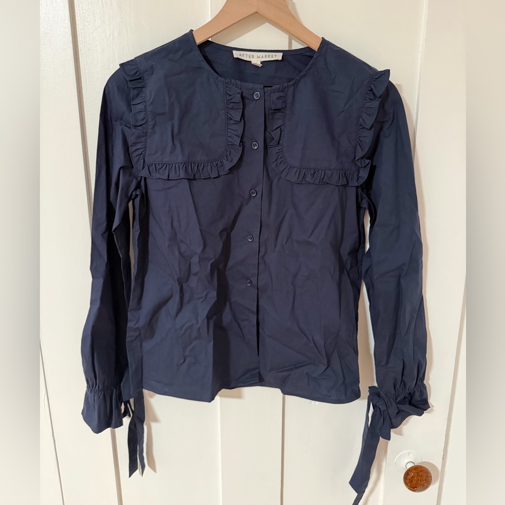 After Market Navy Ruffle Button-Up Blouse NWOT
